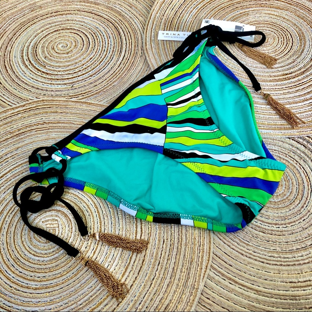 NWT green multi Trina Turk bottoms gold chain tassel hipster